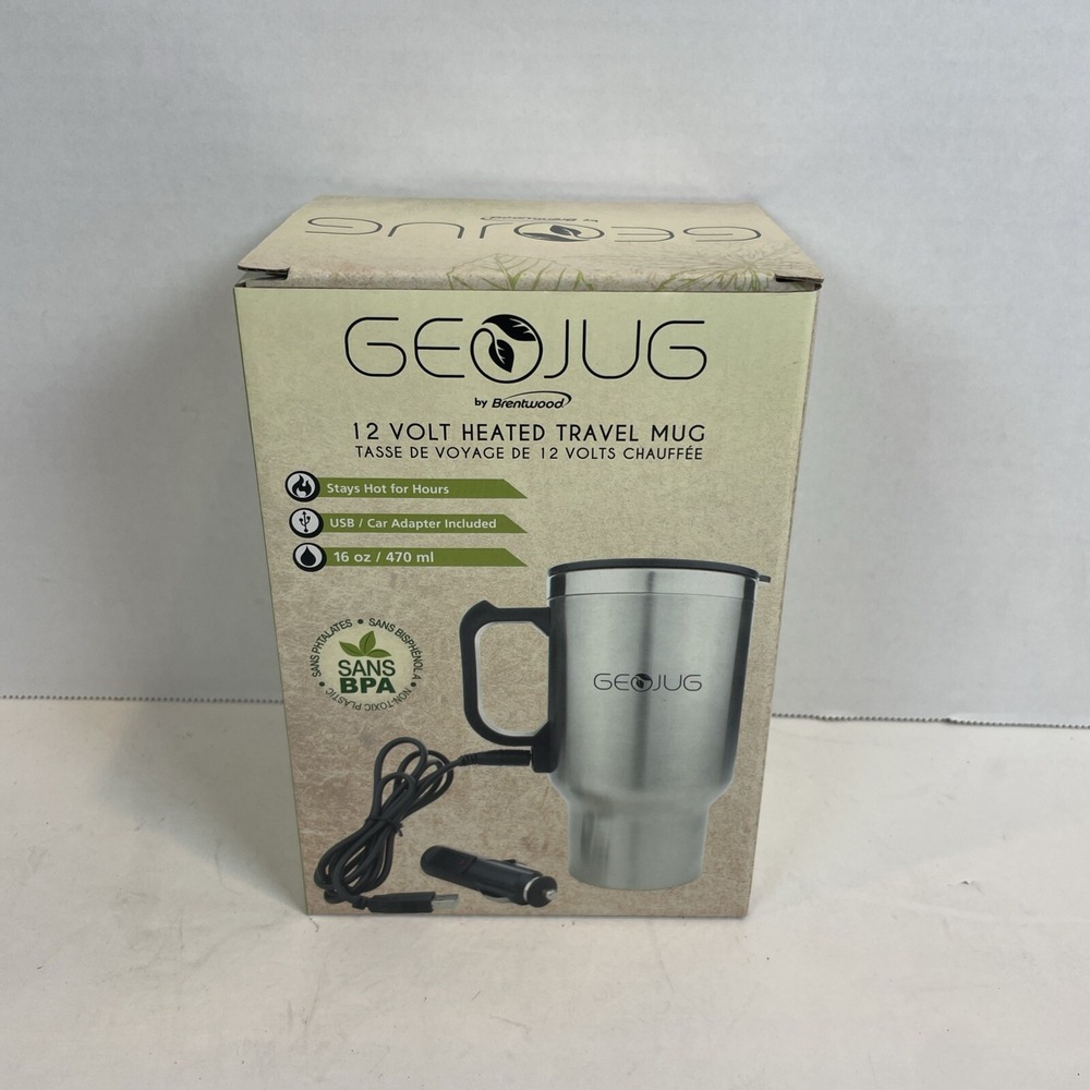 Brentwood Travel Mug Unisex 16oz Silver GeoJug‎ 12 Volt Heated Stainless Steel